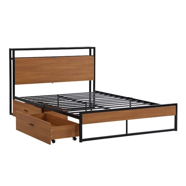 Polibi 55.60 in.W Black Metal Frame Full Platform Bed with 2 Drawers, Sockets, USB Ports, Slat Support