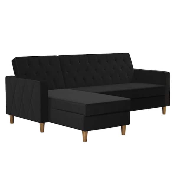 CosmoLiving by Cosmopolitan Liberty 1-Piece Black Velvet 3-Seater L Shaped Left Facing Sectionals Futon with Storage