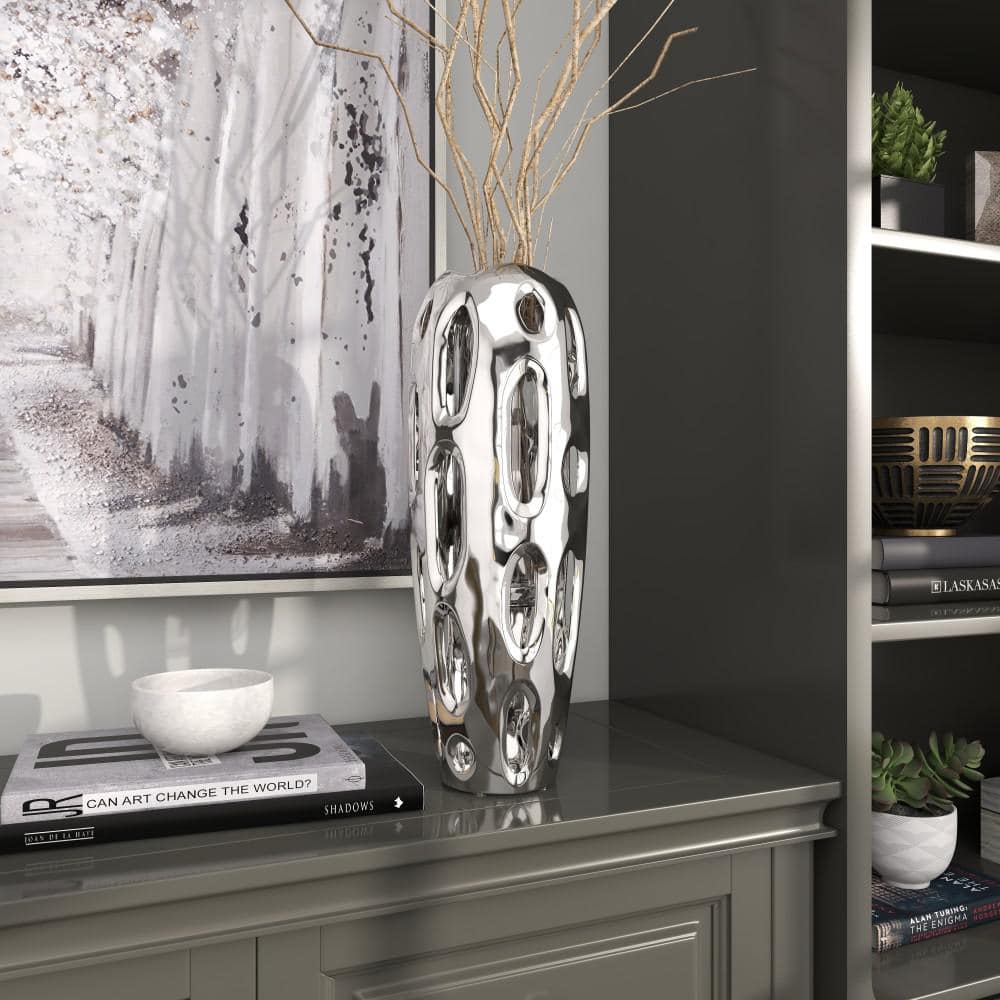 Elegant Silver Ceramic Cylinder Vase for Modern Decor, 21"