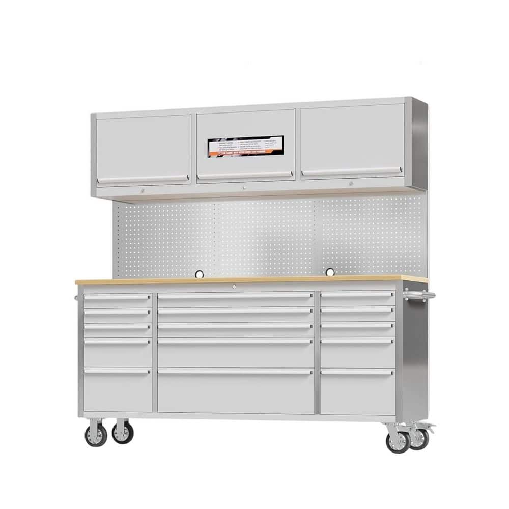 72 in. Stainless Steel Mobile Workbench Cabinet with Wheels, 15-Drawer, 3 Top Storage Cabinet, Rubber Wood Top, Lock Key price history on PriceWatchPro