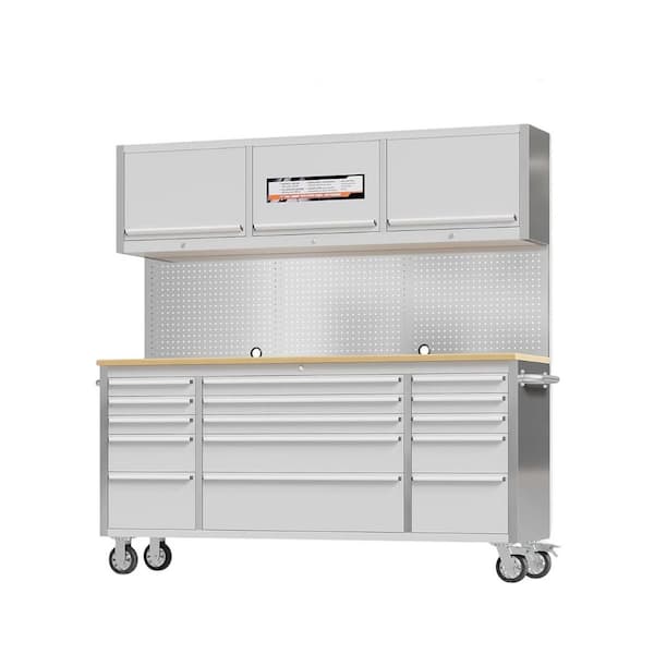 72 in. Stainless Steel Mobile Workbench Cabinet with Wheels, 15-Drawer, 3 Top Storage Cabinet, Rubber Wood Top, Lock Key