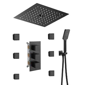 Luxury Thermostatic LED 4-Spray Patterns 12 in. Flush Ceiling Mount Rainfall Dual Shower Heads with 6-Jets in Black