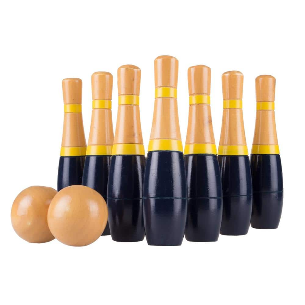 Hey! Play! 8 in. Wooden Navy and Yellow Bowling Lawn Game