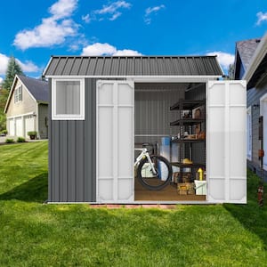 8 ft. W x 6 ft. D Metal Outdoor Storage Shed with Window, Floor Base and Double Hinged Door, Dark Gray (43.8 sq. ft.)