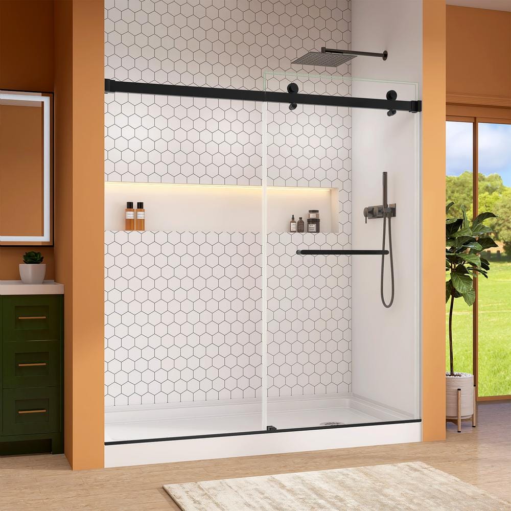 60-Inch Matte Black Frameless Sliding Shower Door with Clear Glass