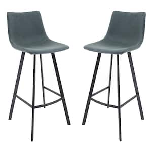 Elland Modern 29.9" Upholstered Leather Bar Stool With Black Iron Legs & Footrest Set of 2 in Peacock Blue