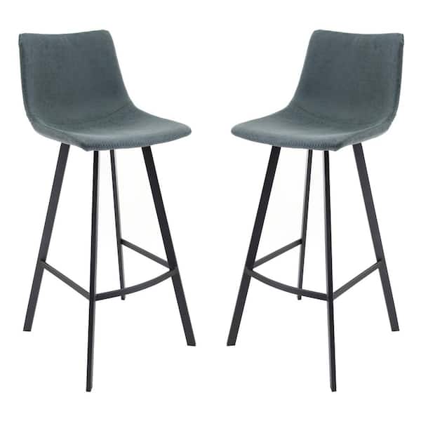 Leisuremod Elland Modern 29.9" Upholstered Leather Bar Stool With Black Iron Legs & Footrest Set of 2 in Peacock Blue