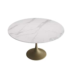 Round White Faux Marble Top Pedestal 53.15 in. Dining Table with Metal Frame Seat 6 Included