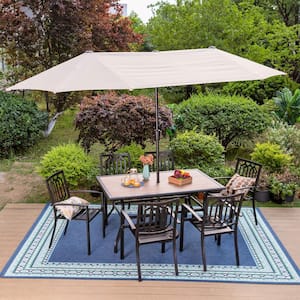 Black 8-Piece Metal Outdoor Patio Dining Set with Wood-Look Table, Stackable Chairs and Beige Umbrella