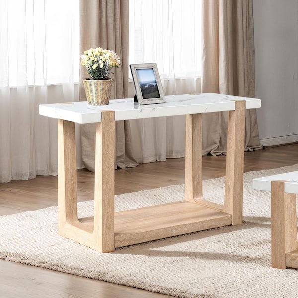 Scott 50 in. 2-Tone White/Natural Rectangle Faux Marble Top Console Table