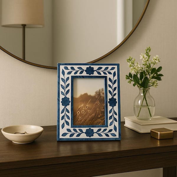 Liv & Skye 7 in. x 9 in. Blue Resin and Wood Floral Petals Photo