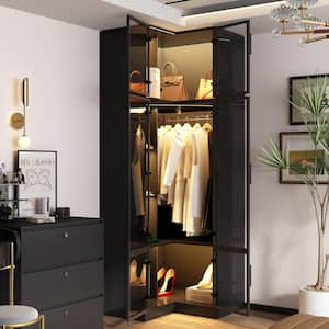 Black Wood 35.4 in. W 4-Door Corner Wardrobe Armoires Storage Display Cabinet with Glass Doors, Hanging Rod, LED Lights