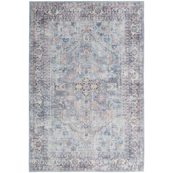 57 Grand Machine Washable Light Gray/Blue 9 ft. x 12 ft. Bordered Traditional Area Rug