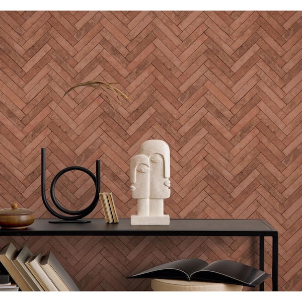 Bricks and More Collection Red Herringbone Brick Matte Finish Vinyl on Non-Woven Non-Pasted Wallpaper Roll