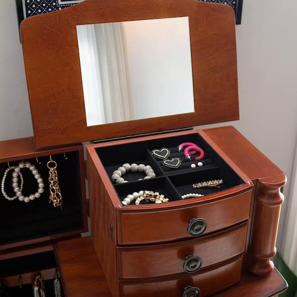 Simple Design Jewelry Box - Cherry Wood - Inside Lid Mirror - ApolloBox