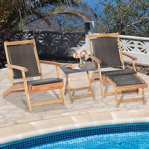 4-Piece Wicker Patio Conversation Set Rattan Folding Lounge Chair Table with Retractable Footrest