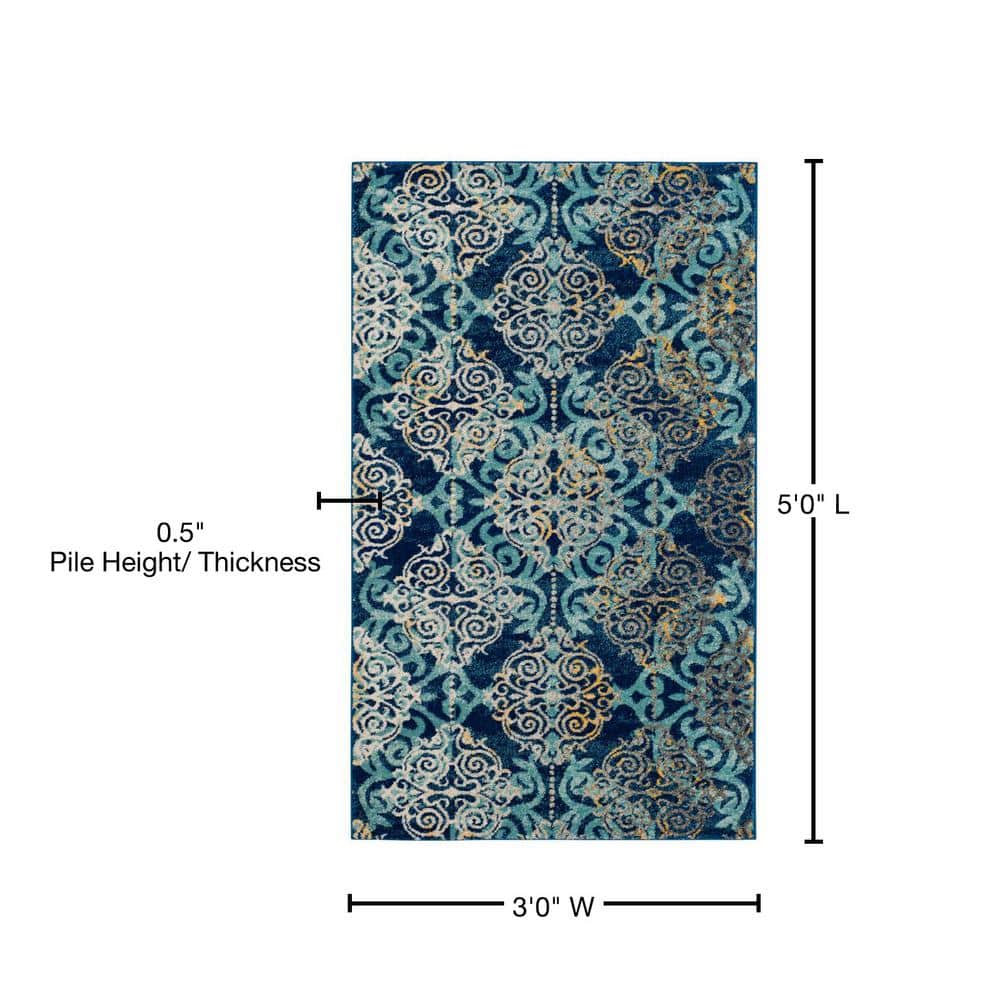 Royal and Light Blue Synthetic 3' x 5' Damask Area Rug