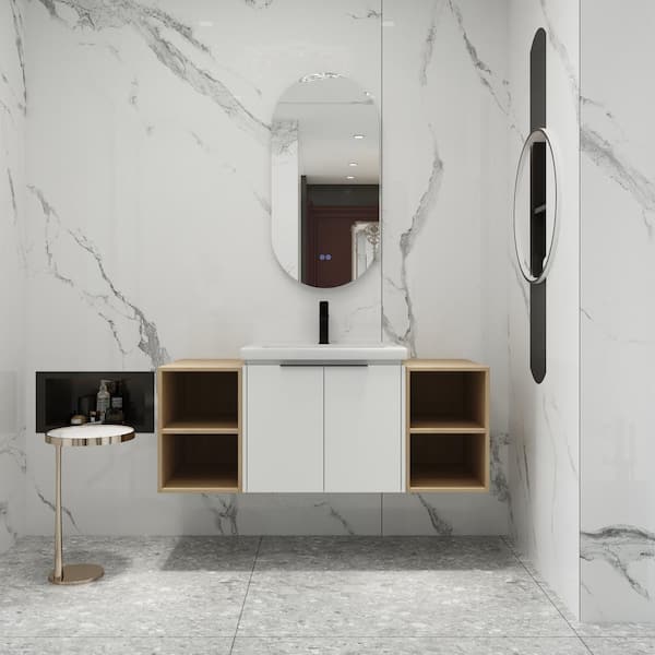 UPIKER Modern 48 in. W x 18.5 in. D x 20.7 in. H Single Sink Floating Bath Vanity in White with White Ceramic Top