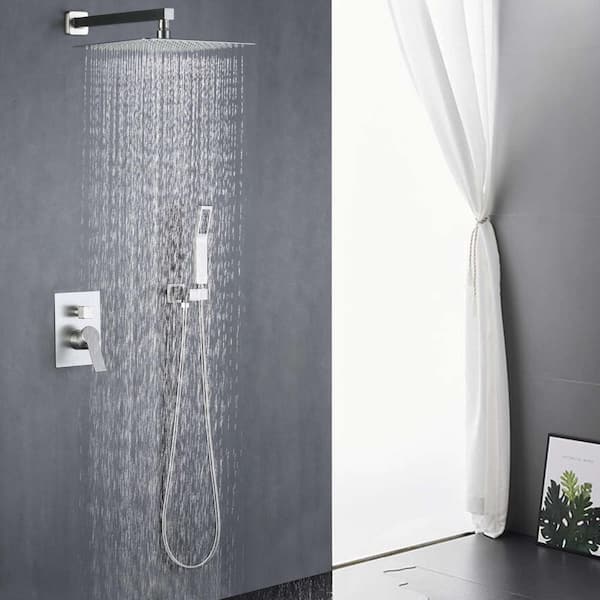 Single-Handle 1-Spray Square Shower Faucet with 12 in. Shower Head and Hand Shower in Brushed Nickel (Valve Included)