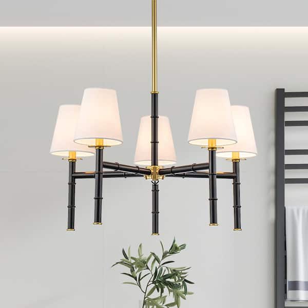 HUOKU Bamknot 5 Light Stain Black and Aged Brass Gold Traditional Candlestick Chandelier with Fabric Shades for Dining Room