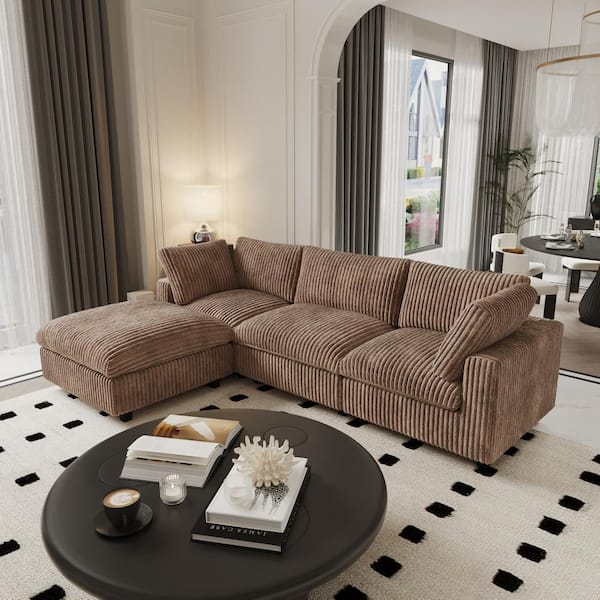 118 in. Square Arm Soft Faux Rabbit Fur Velvet 4-Piece Modular Sectional Sofa with Ottoman,Washable Covers in Brown