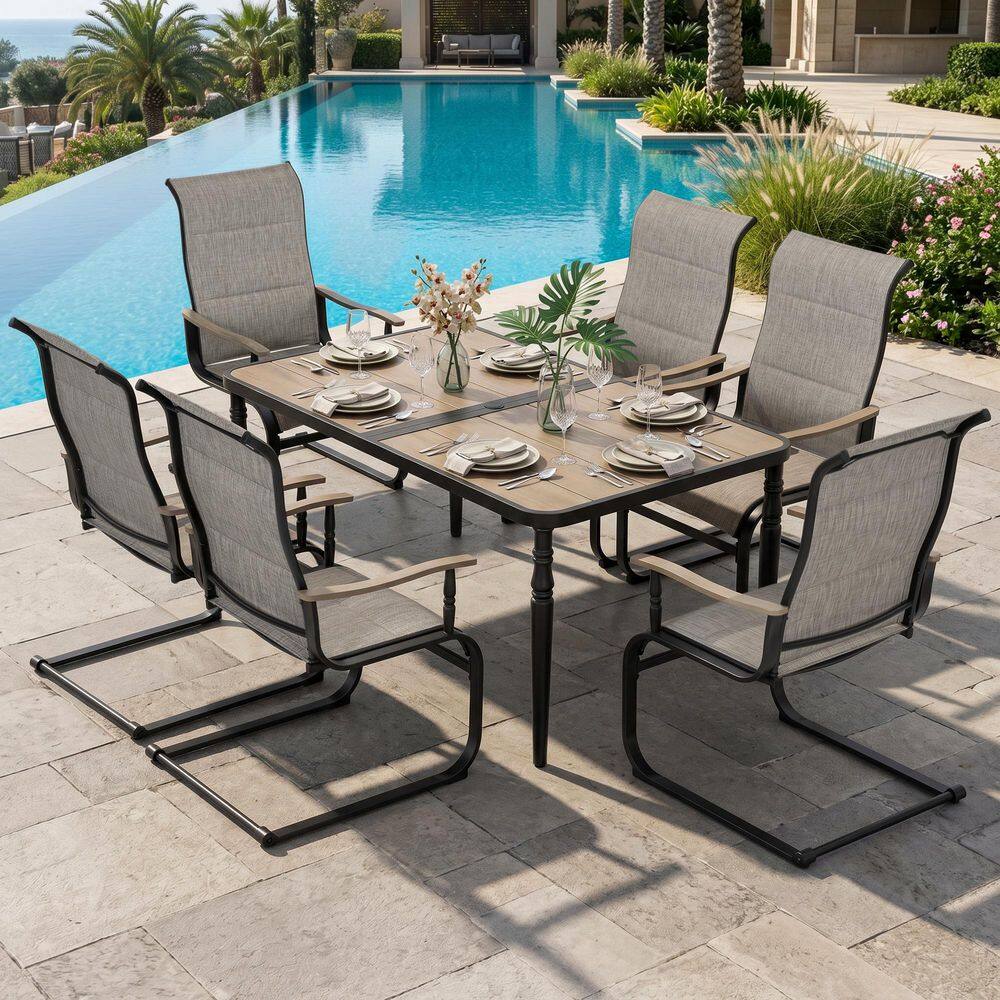 Black 7-Piece Padded Textilene Metal Rectangular Outdoor Dining Set w/ C-Spring Motion, Wood-Grain Armrests and Tabletop price history on PriceWatchPro