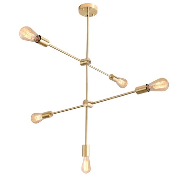 LWYTJO 5-Light Brushed Gold Dimmable Sputnik Modern Linear Chandelier for Living Room Bedroom with no bulbs included