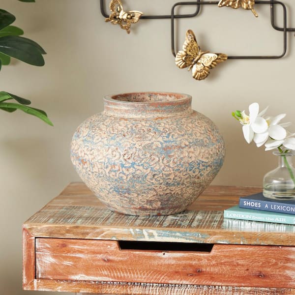 Beige Antique Style Wide Rounded Ceramic Scroll Decorative Vase with Blue and Copper Accents