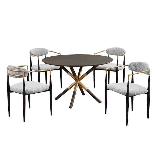 Morden Fort 5-Piece Round Dining Table with 4 Chairs Minimalist Style Hollow Design 47"-Diam Wooden Top in Gray