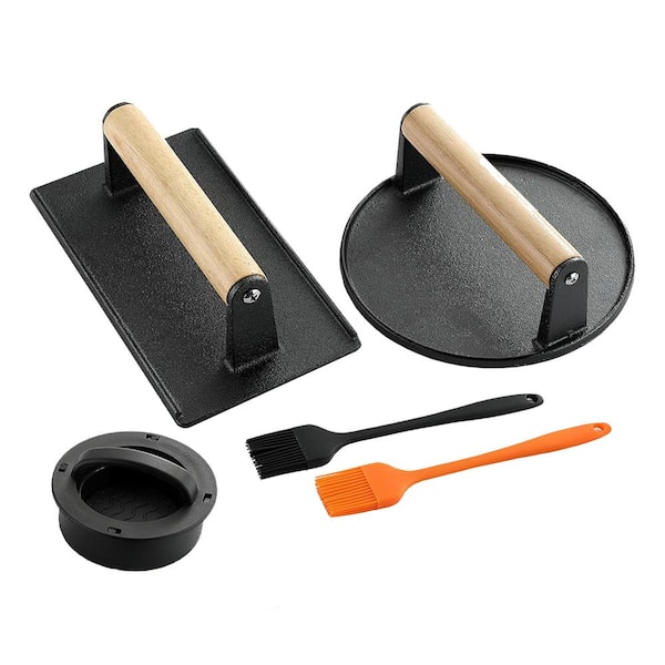 Anqtovp 5-Piece 4-in-1 Patty Maker Smash Burger Press Kit with 2-Cast Iron Presses Silicone Brushes and Non-Stick Tool Set Black