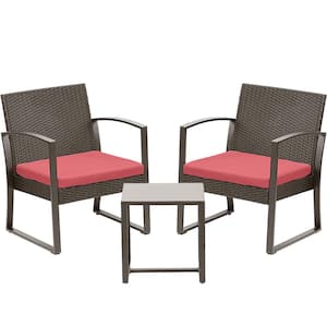 3-Piece Wicker Patio Conversation Set Coffee Table and 2 Rattan Chair with Red Cushions