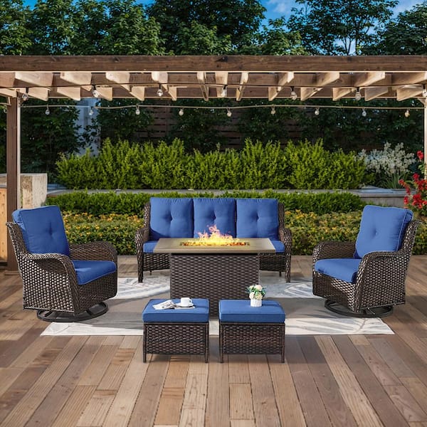 6-Piece Brown Wicker Outdoor Patio Rectangular Fire Pit Conversation Set with Blue Cushions and Swivel Rocker Chairs