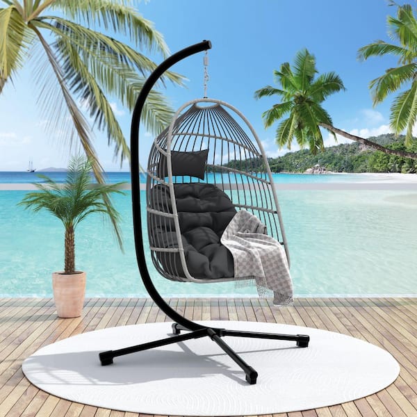 Wicker Outdoor Patio Swing Egg Hanging Chair with Gray Cushion