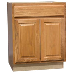 Hampton 27 in. W x 24 in. D x 34.5 in. H Assembled Base Kitchen Cabinet in Medium Oak with Ball-Bearing Drawer Glides