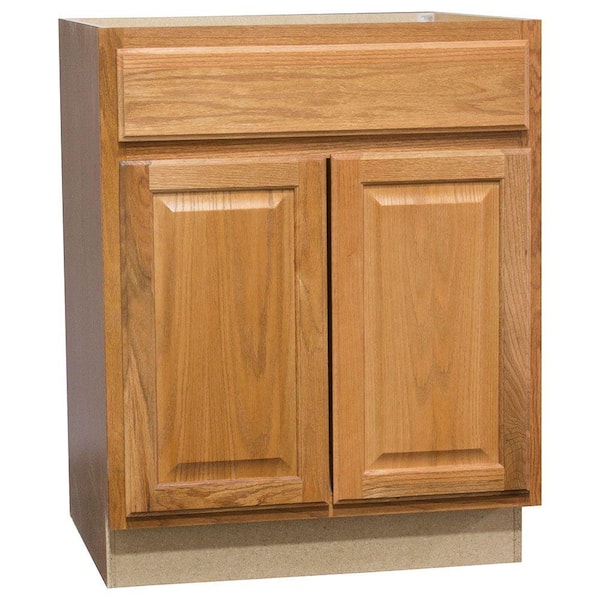 Hampton Bay Hampton 27 in. W x 24 in. D x 34.5 in. H Assembled Base Kitchen Cabinet in Medium Oak with Ball-Bearing Drawer Glides