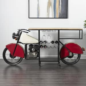 41 in. Red Metal Vintage Style 10 Bottle Motorcycle Bar with Wood Bar Top and Red Accents