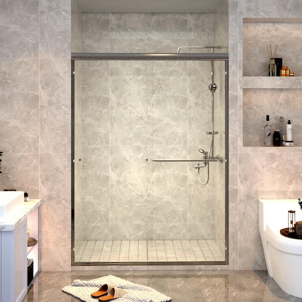 LTMATE 54 in. W x 72 in. H Double Sliding Framed Shower Door in Brushed Nickel Finished with Transparent Glass
