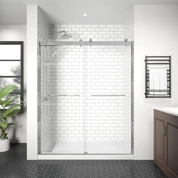 imperiol Modern 60 in. W x 74 in. H Double Sliding Frameless Shower Door in Nickel Finish with 5/16 in. (8mm) Clear Glass