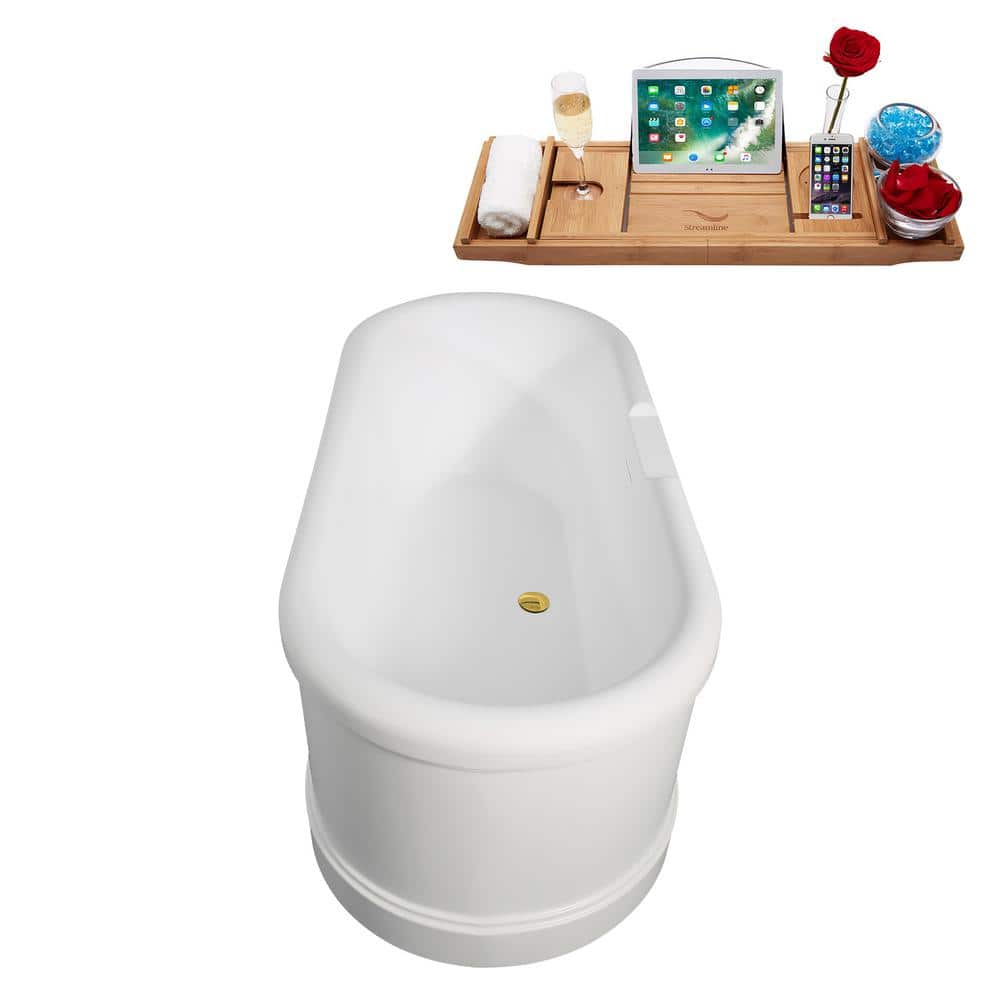 67" Matte White Acrylic Freestanding Soaking Tub with Polished Gold Trim