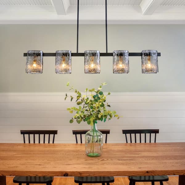 Chloe Modern 5-Light Black Linear Chandelier Kitchen Island Light with Textured Gray Glass