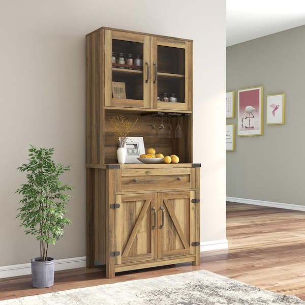 Boyel Living Bright Yellow Particle Board 31.5 in. Sideboard Farmhouse Barn Door Bar Cabinet with Adjustable Shelves