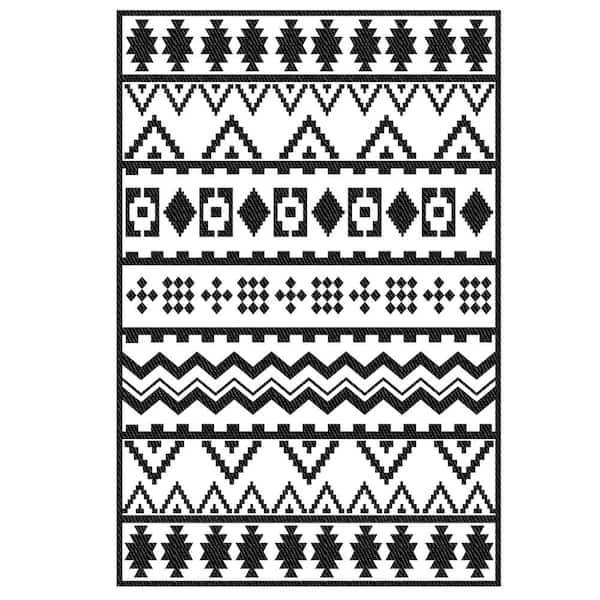 BOZTIY Black and White 6 ft. x 9 ft. Plastic Geometry Indoor/Outdoor Patio Area Garden Stool Rug
