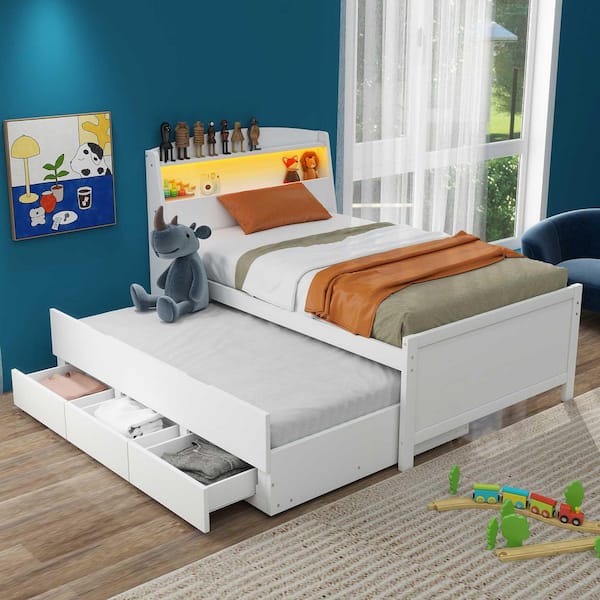 White Wood Frame Twin Size Platform Bed with Storage LED Headboard,Twin Size Trundle and 3 Drawers