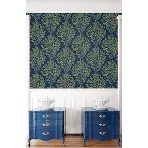 31.35 sq. ft. Navy Blue and Greenery Fruit Tree Vinyl Peel and Stick Wallpaper Roll