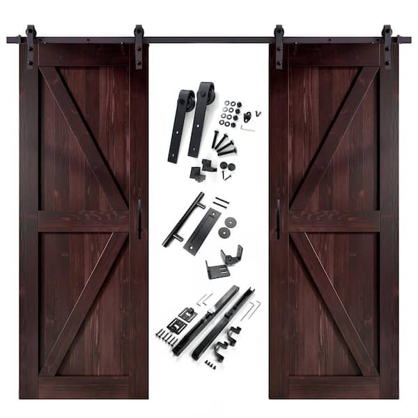 HOMACER 42 in. x 96 in. K-Frame Red Mahogany Double Pine Wood Interior Sliding Barn Door with Hardware Kit, Non-Bypass