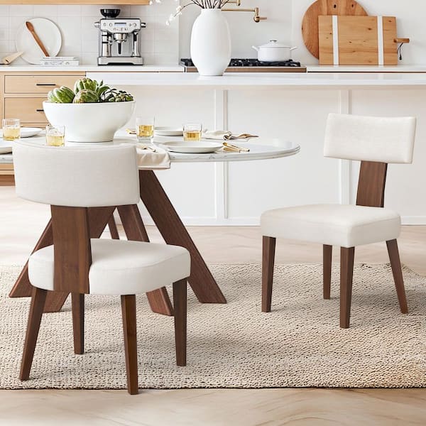 T-Backrest Dining Chair Beige Fabric Solid Wood Frame Side Chair Set of 2