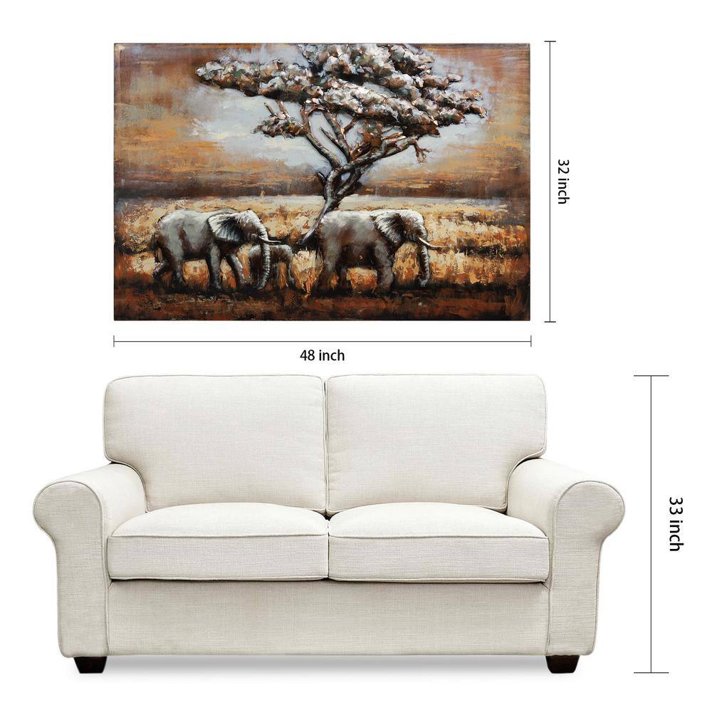 Hand Painted 3D Iron Elephant Wall Art with Tree