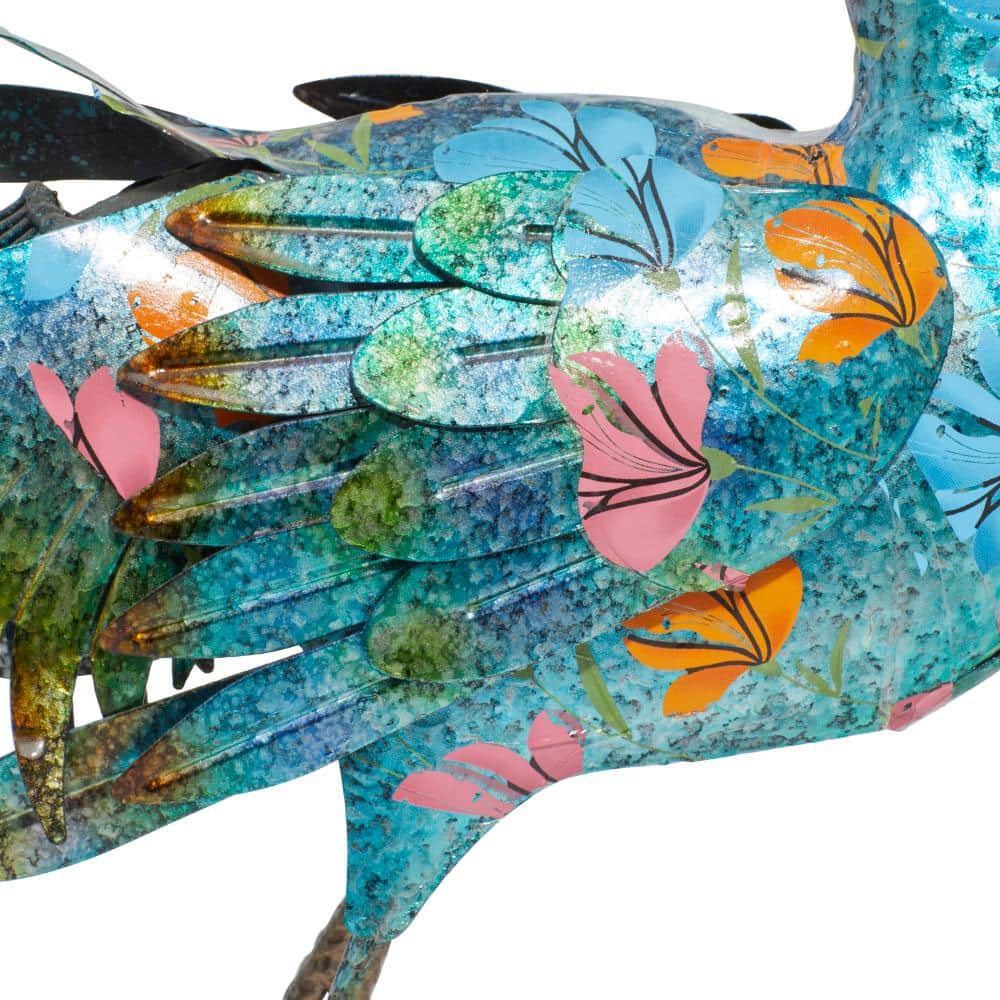 Teal and Blue Metal Peacock Garden Sculpture with Crystal Accents