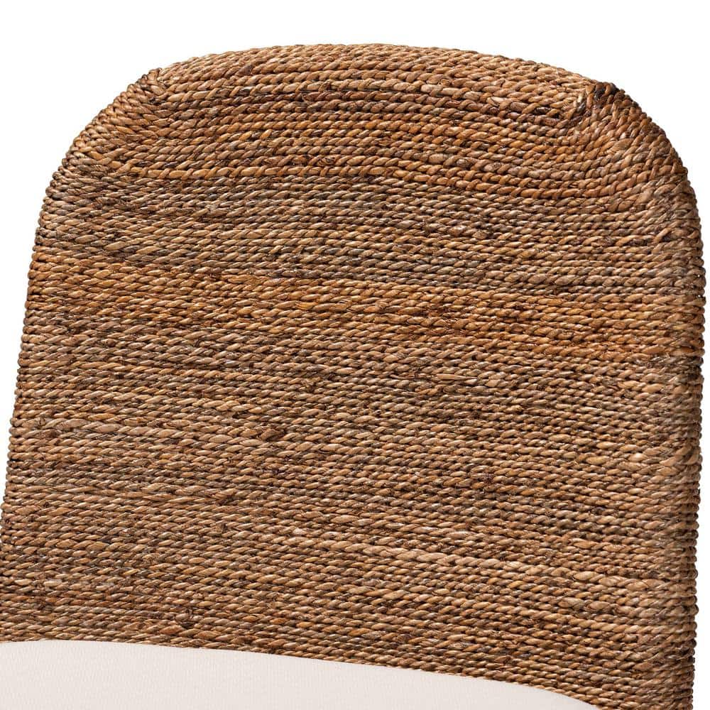 Nadim White Fabric and Acacia Wood Counter Stool with Seagrass Backrest
