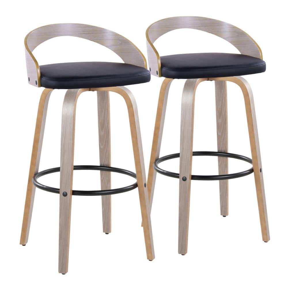 Light Grey Wood and Black Metal Swivel Bar Stool with Faux Leather Seat